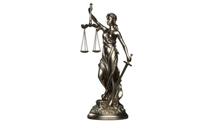 Metallic Lady Justice statue holding scales and sword, isolated on transparent background © Eoin