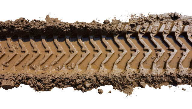 Tire track impression in wet brown mud, isolated on transparent background