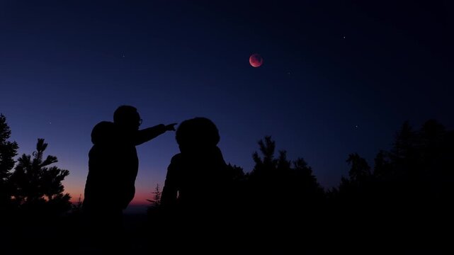 Amateur astronomers enjoying night sky with stars, planets, Moon eclipse and other celestial objects.