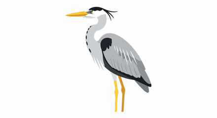 Fototapeta premium A stylized grey heron with a yellow beak and legs stands on white