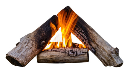 Burning logs arranged in a teepee shape, isolated on transparent background © Eoin