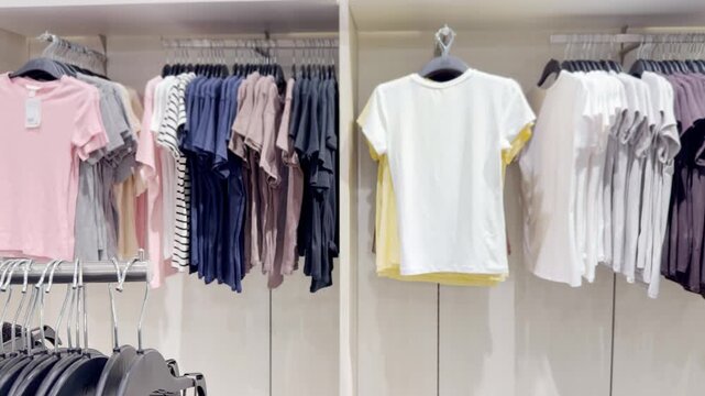 Clothes store in shopping mall.Blurred store aisle with hanging clothing racks