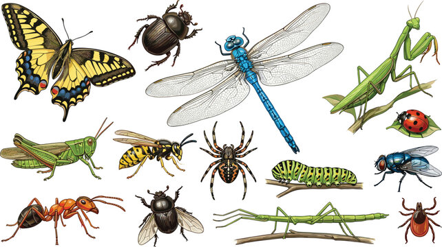 Detailed vintage insect engraving illustration set featuring butterfly dragonfly praying mantis ladybug spider grasshopper wasp ant caterpillar and beetle vectors for biological education designs.