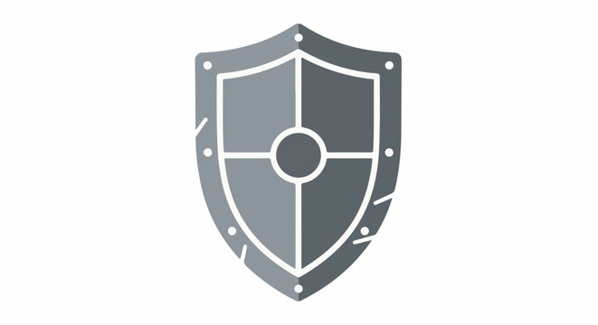 A stylized, grey, medieval shield with a cross design and circular center