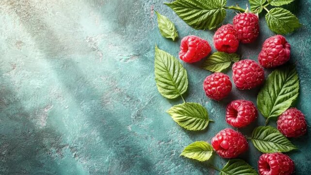 Fresh red raspberries with green leaves on teal textured background