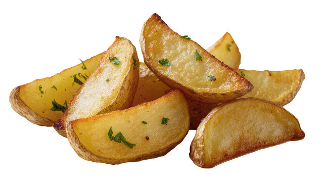 Golden baked potato wedges with parsley, isolated on transparent background