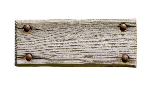 Weathered wooden plank with four rusty nails, isolated on transparent background