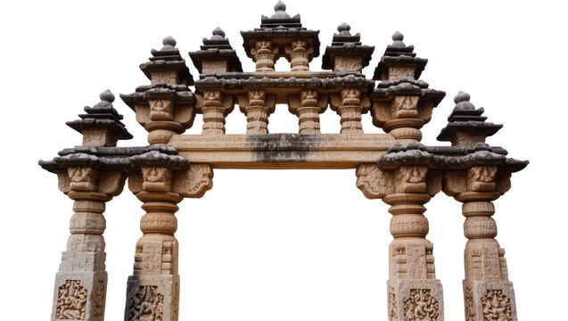 Ancient stone torana archway with intricate carvings, isolated on transparent background
