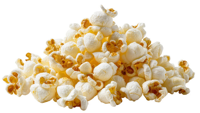 Fluffy white popcorn kernels piled high, isolated on transparent background