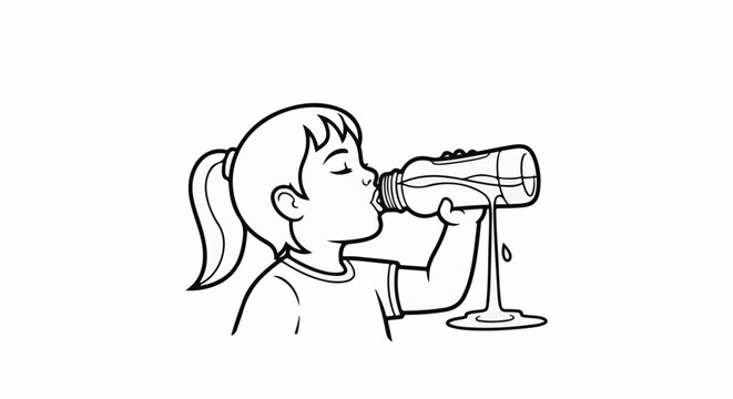 Child drinking from bottle, liquid spilling out onto surface