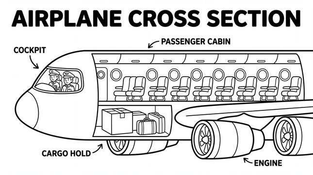 Coloring page of a passenger plane interior, Special Vehicles Cross Section Coloring Collection