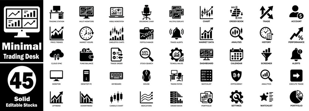 Professional trading station solid icons set for investment management.