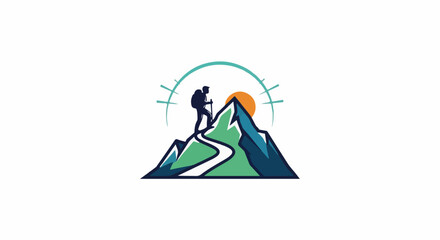 Obraz premium Silhouette of hiker ascending mountain peak with sun and arch