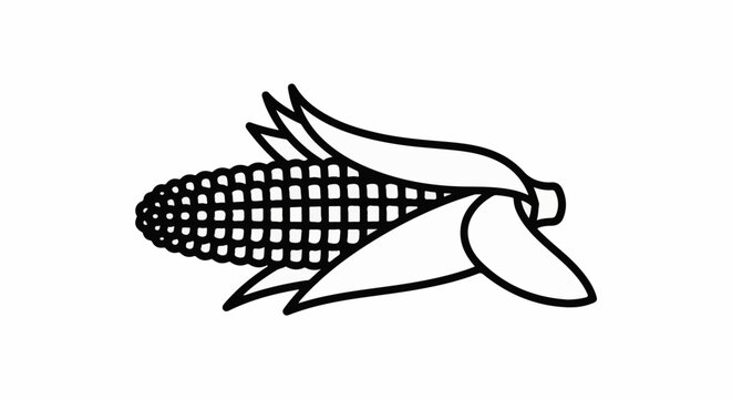 A simple line drawing of a single ear of corn with husks partially peeled back