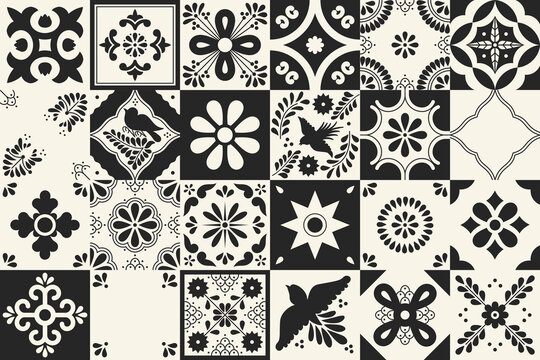 Set of traditional mexican talavera tile patterns. Ceramic art from Puebla. Mediterranean geometric ornament with flowers, leaves, swirls, bird motifs. Vector background.