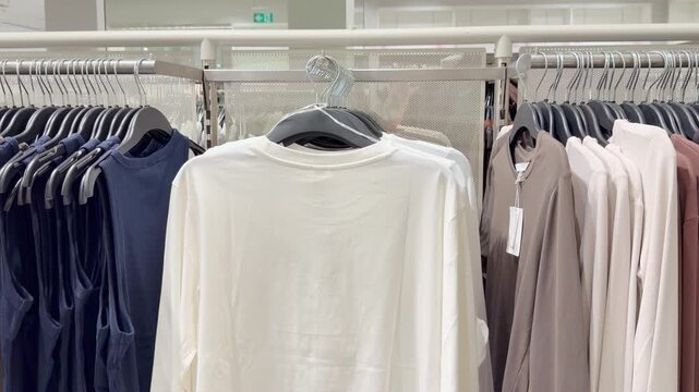 Clothes store in shopping mall.Blurred store aisle with hanging clothing racks