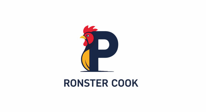 A stylized dark blue letter 'P' forms the body of a colorful rooster