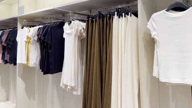 Clothes store in shopping mall.Blurred store aisle with hanging clothing racks