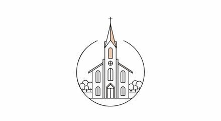 Fototapeta premium Minimalist church design with steeple and trees inside a circle