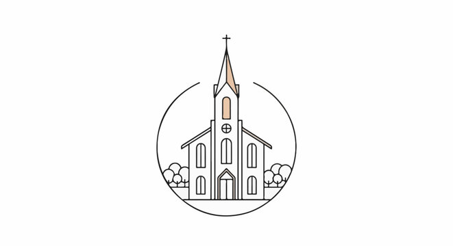 Minimalist church design with steeple and trees inside a circle