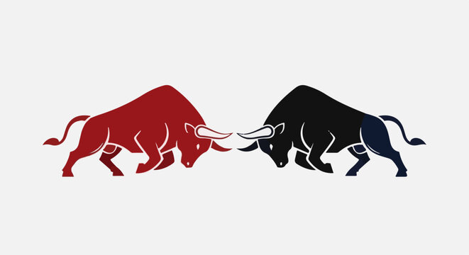 Two bulls, one red, one black, charging at each other