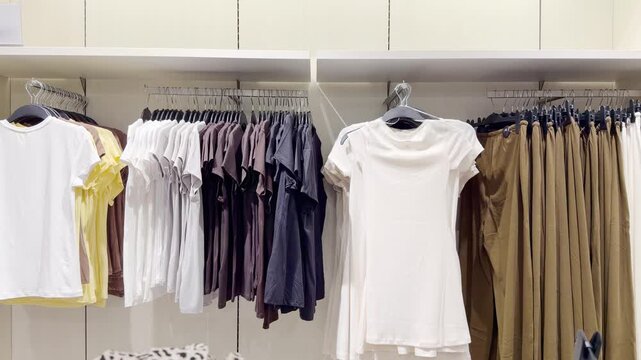 Clothes store in shopping mall.Blurred store aisle with hanging clothing racks