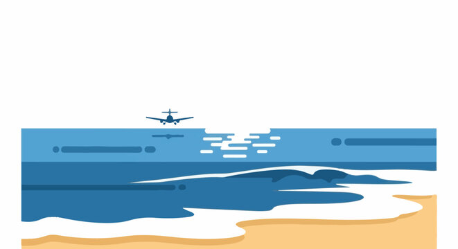 A small propeller plane flies over the ocean with waves crashing on a sandy beach