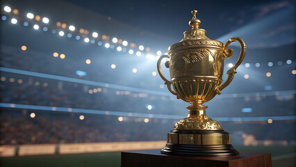 Fototapeta premium Ornate Gold Trophy Cup in a Night Stadium with Bright Arena Lights