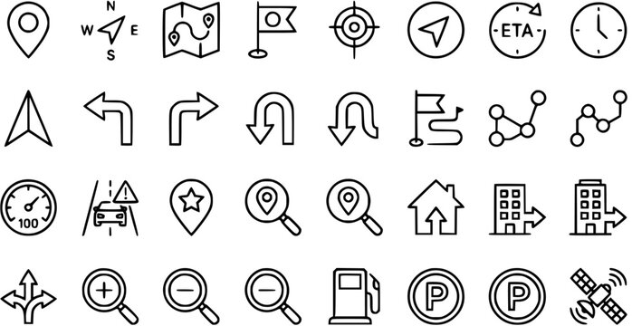Navigation and Location Icons: Map, GPS, Directions, Travel, and City Icons in Black and White Line Art Style