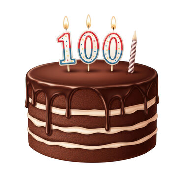 Chocolate birthday cake with number 100 candles isolated on a transparent background