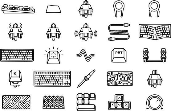 Mechanical Keyboard Customization Technology Line Art Icons Set. Outline Elements for Computer Peripherals, Parts, Switches, and Accessories.