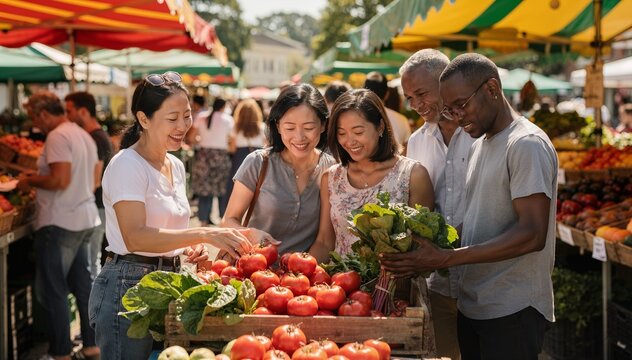 Happy multi-ethnic friends and family shopping for fresh organic vegetables at a vibrant outdoor farmers market, selecting ripe red tomatoes and green leafy produce under colorful sun stalls.