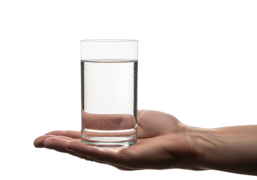 masculine caucasian hand holding smooth borosilicate glass of pure water with condensation, hyper-sharp macro detail, high-key white studio background with copy space. concept of perfect hydration