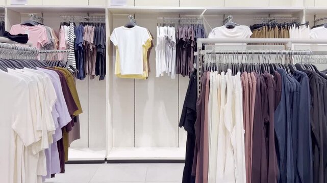 Clothes store in shopping mall.Blurred store aisle with hanging clothing racks