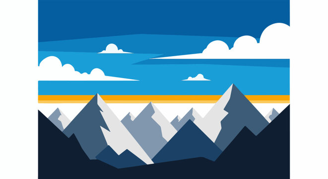 Stylized mountain range under a bright blue sky with clouds and sun