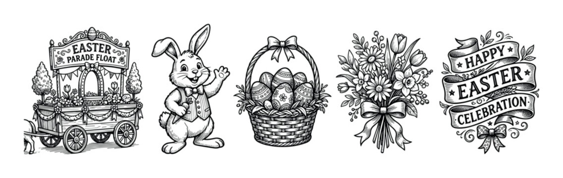 Easter holiday elements collection featuring a parade float, cheerful bunny, decorated eggs, spring flowers, and a festive celebration banner in a classic engraving style.