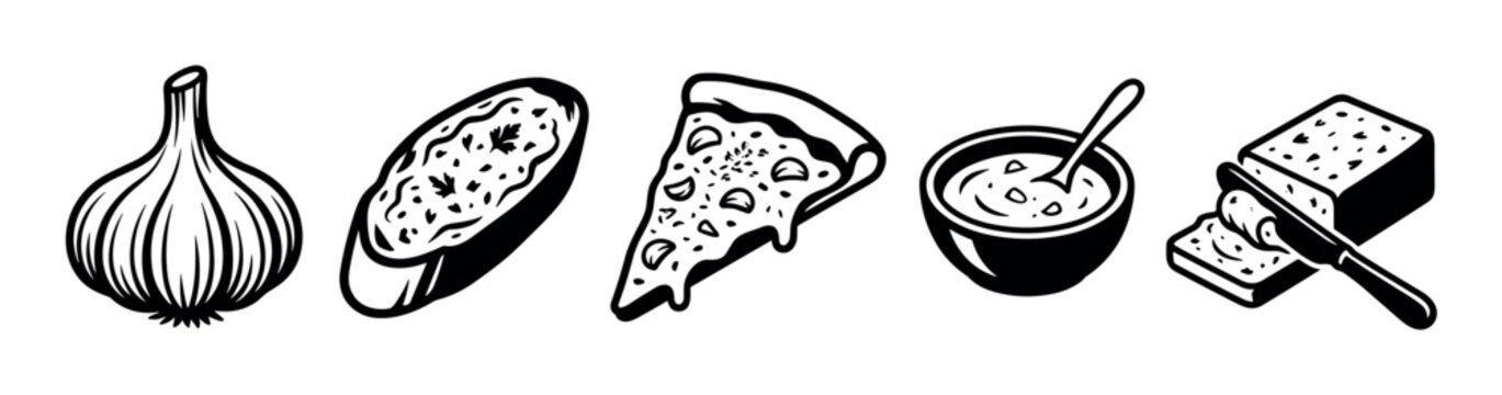 Collection of various food items, including garlic, pizza, garlic bread, and butter, are depicted in a graphic illustration style.