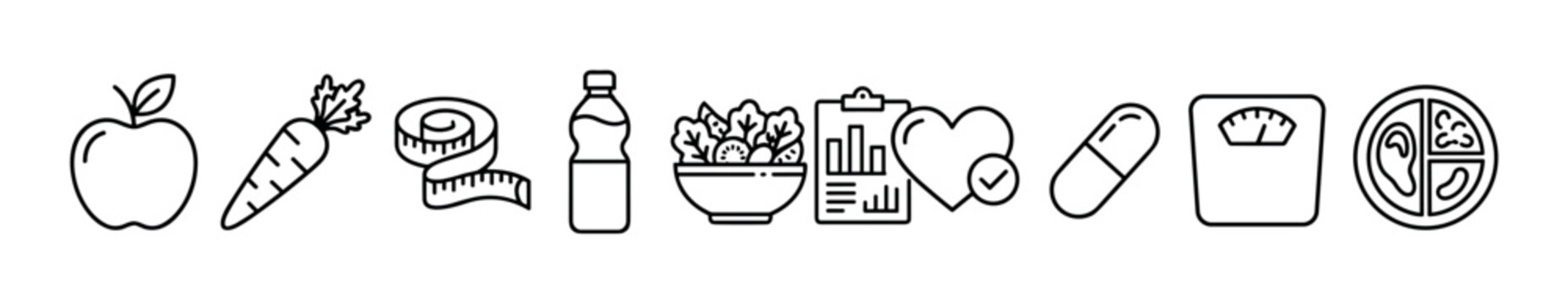 Health and fitness icons illustrating essential elements of wellness, diet, and exercise for a balanced and active lifestyle journey.