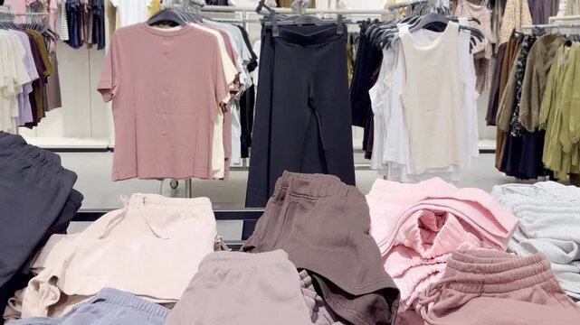 Clothes store in shopping mall.Blurred store aisle with hanging clothing racks