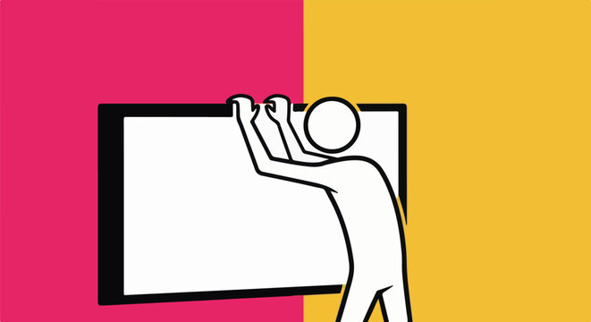 Stick figure placing a screen against a pink and yellow background
