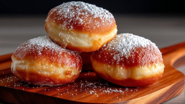 Delicious homemade champagne donuts sit invitingly on a wooden platter, lightly dusted with powdered sugar