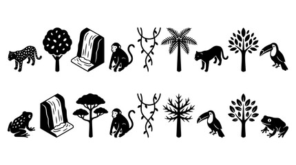 Obraz premium Black and white jungle animals and plants illustration set