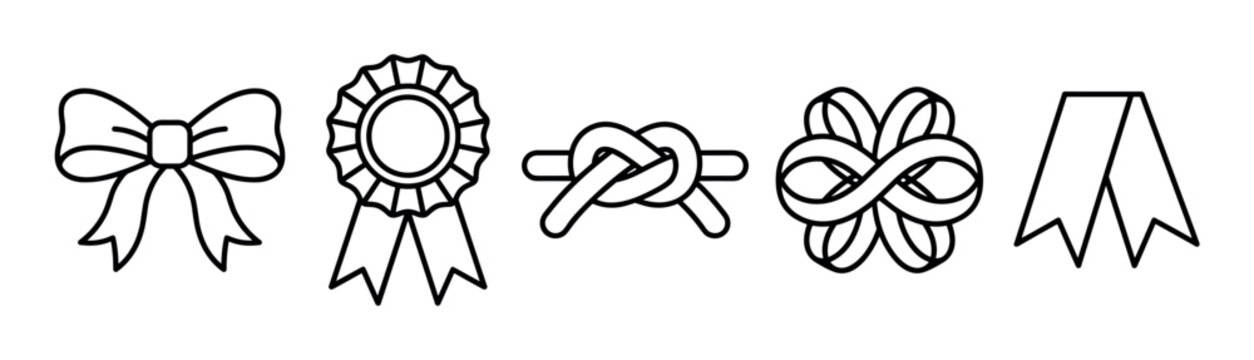Various ribbon, bow, and knot line art icons are presented in a simple, clean, and versatile vector illustration for design elements.