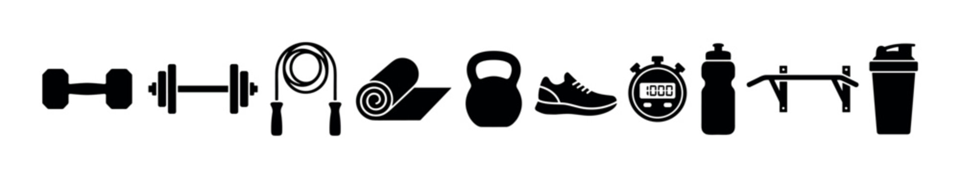Fitness equipment icons including dumbbells, barbells, jump ropes, yoga mats, kettlebells, sneakers, stopwatches, water bottles, pull-up bars, and protein shakers are essential for a complete workout.