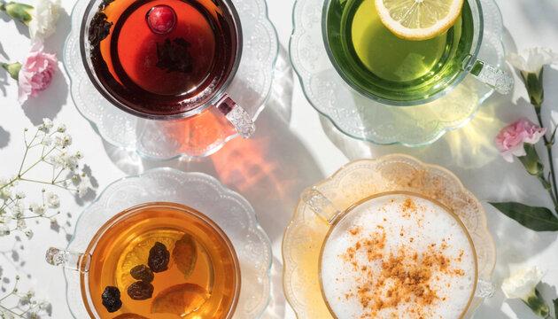 Assorted tea cups on a floral tablecloth for international tea day various flavors and garnishes