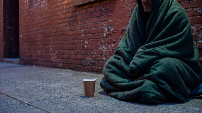 Homeless man wrapped in green blanket sitting on city pavement by brick wall. Poor person asking for money with cardboard cup. Concept of urban poverty and social crisis in city.
