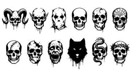 Fototapeta premium Various skulls and monster heads in black and white designs