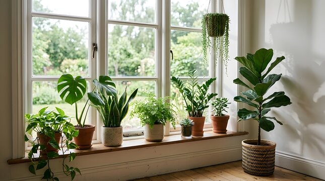 Collection of various houseplants thriving on a windowsill with natural light