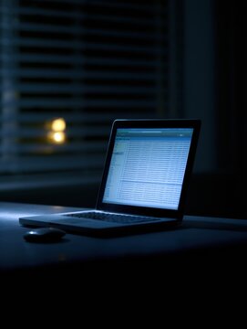 A laptop screen displays a full email inbox in a dark room, with only the screen light providing illumination, highlighting digital clutter.