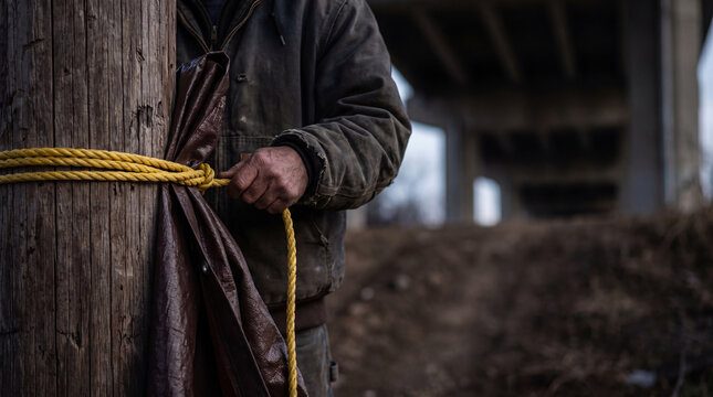 Homeless man tying a tarp to a wooden post under a bridge. Struggling individual building a makeshift shelter. Concept of poverty, social inequality, survival and precarious housing life.